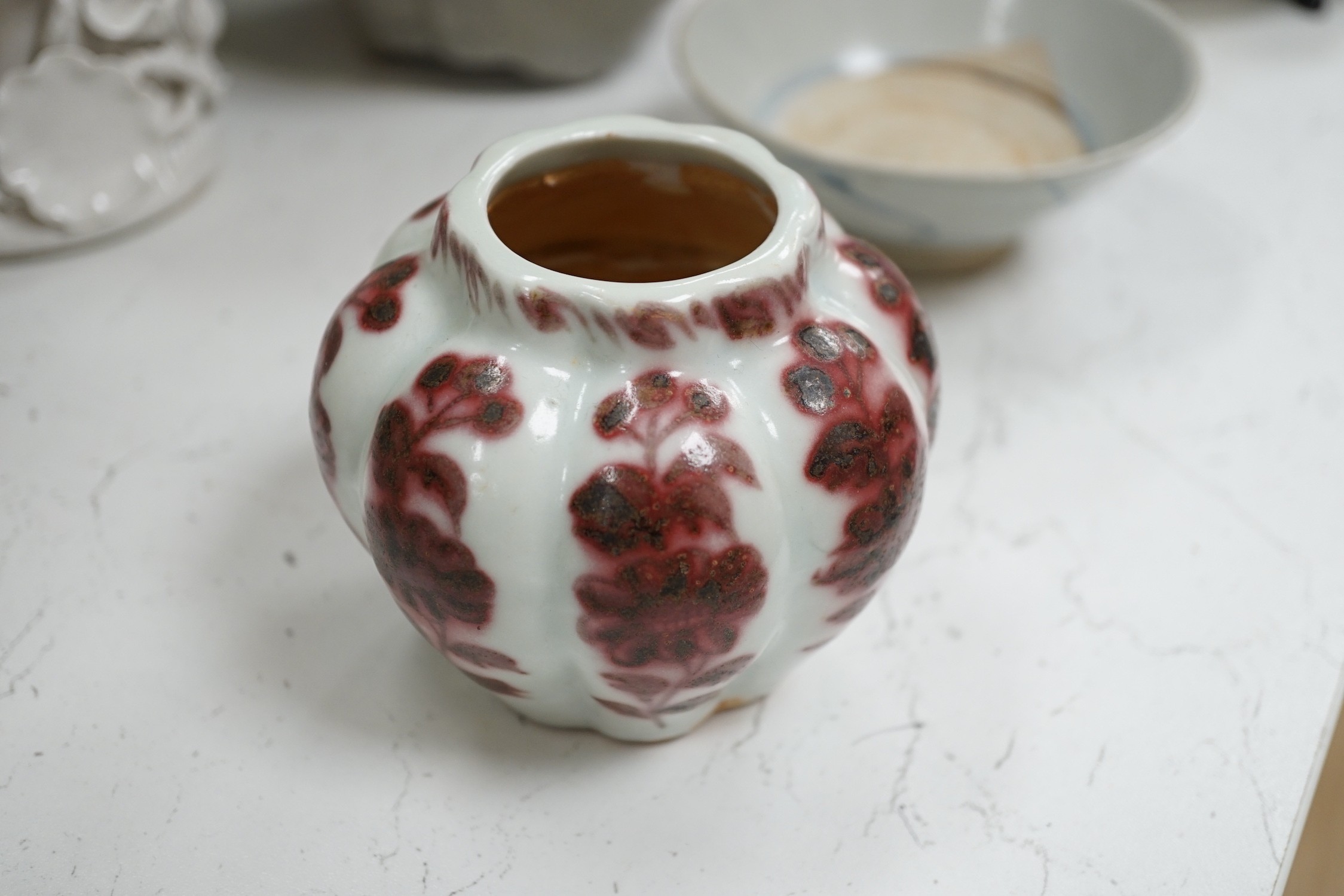 A group of Chinese and studio ceramic vases and bowls, to include a figure of Guangyin, 37.5cm tall